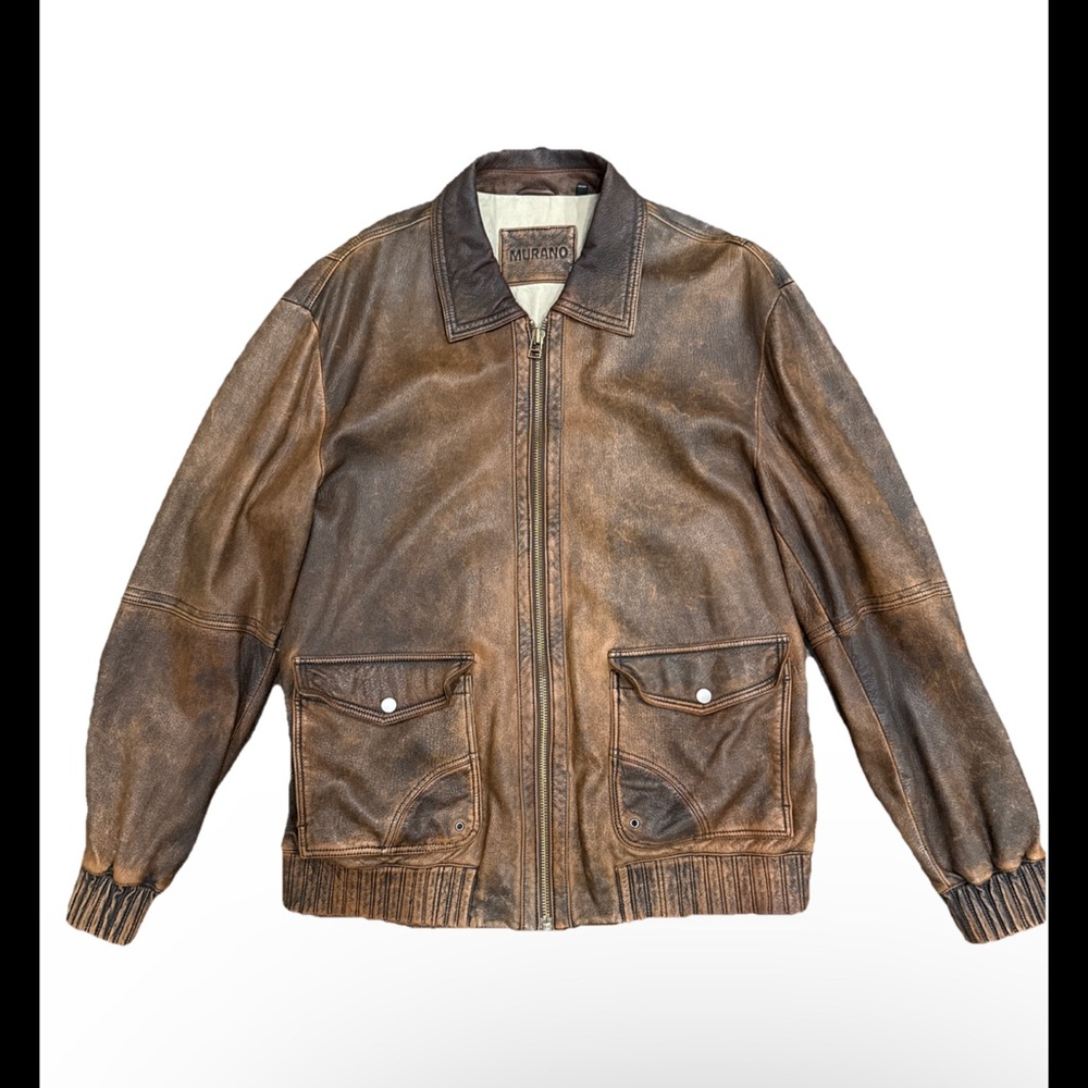 Murano Men's Distressed Brown Leather Jacket W/Cotton Horse Print Lining Sz XL